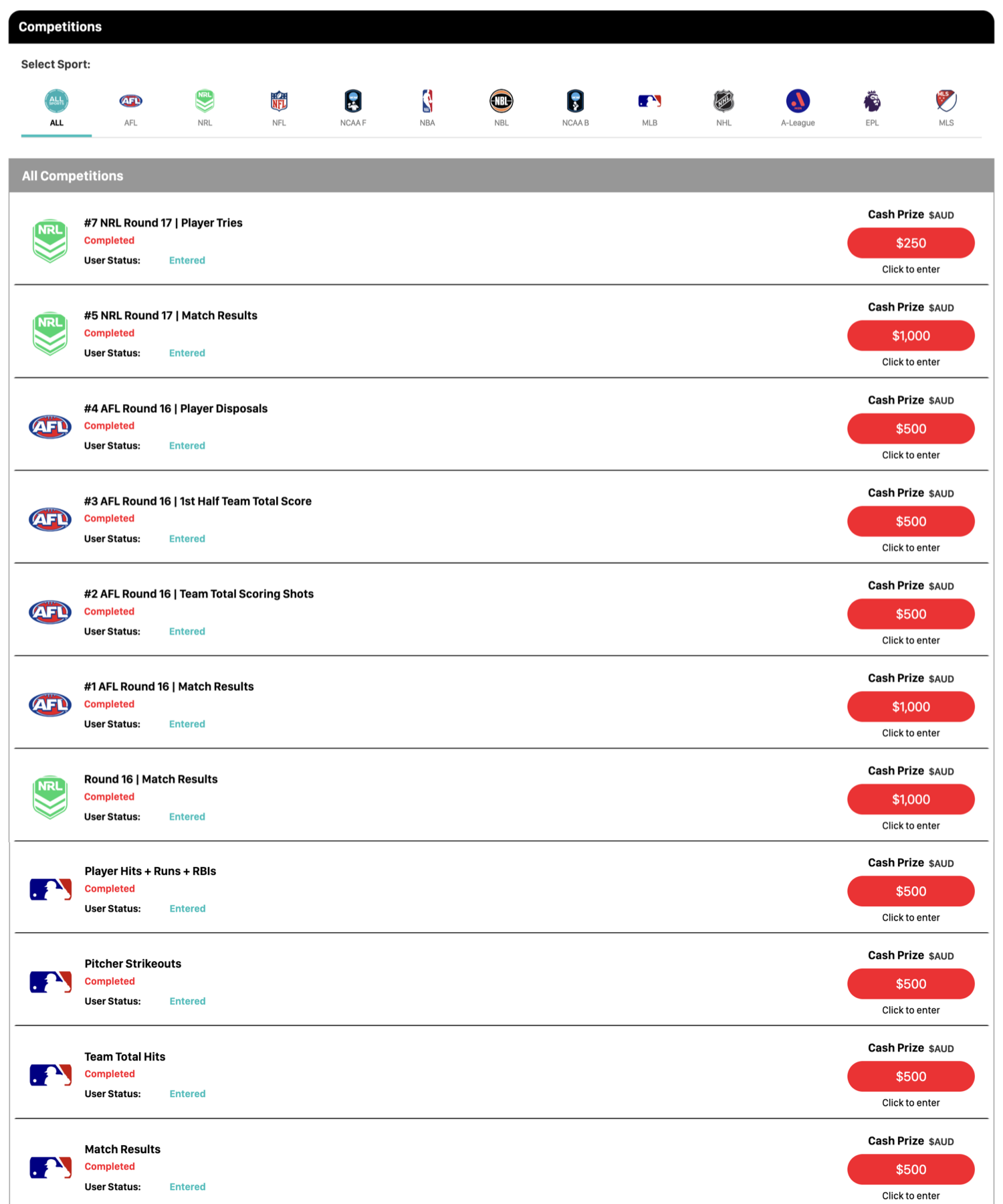 Likely Sports competitions list with sports filters and cash prize entries
