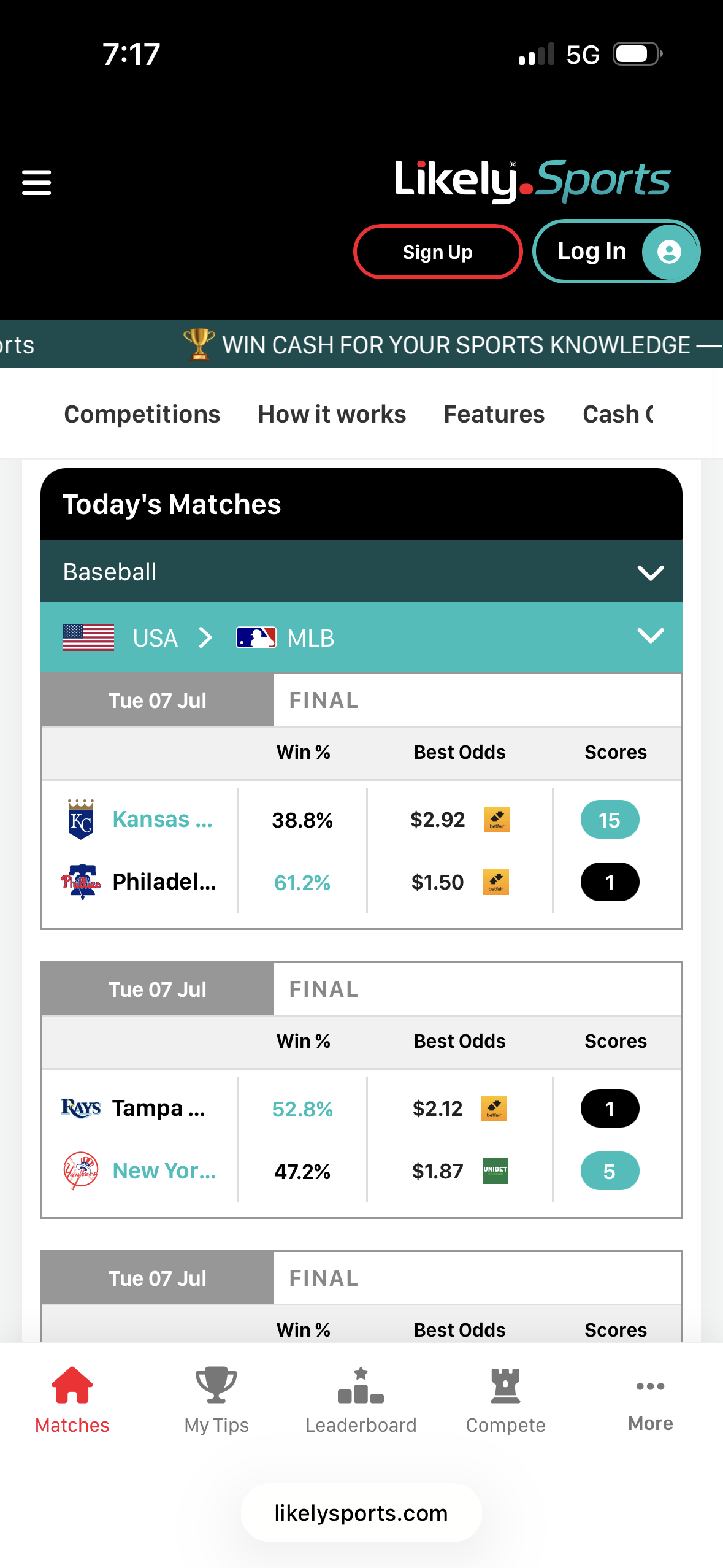 Likely Sports mobile matches screen
