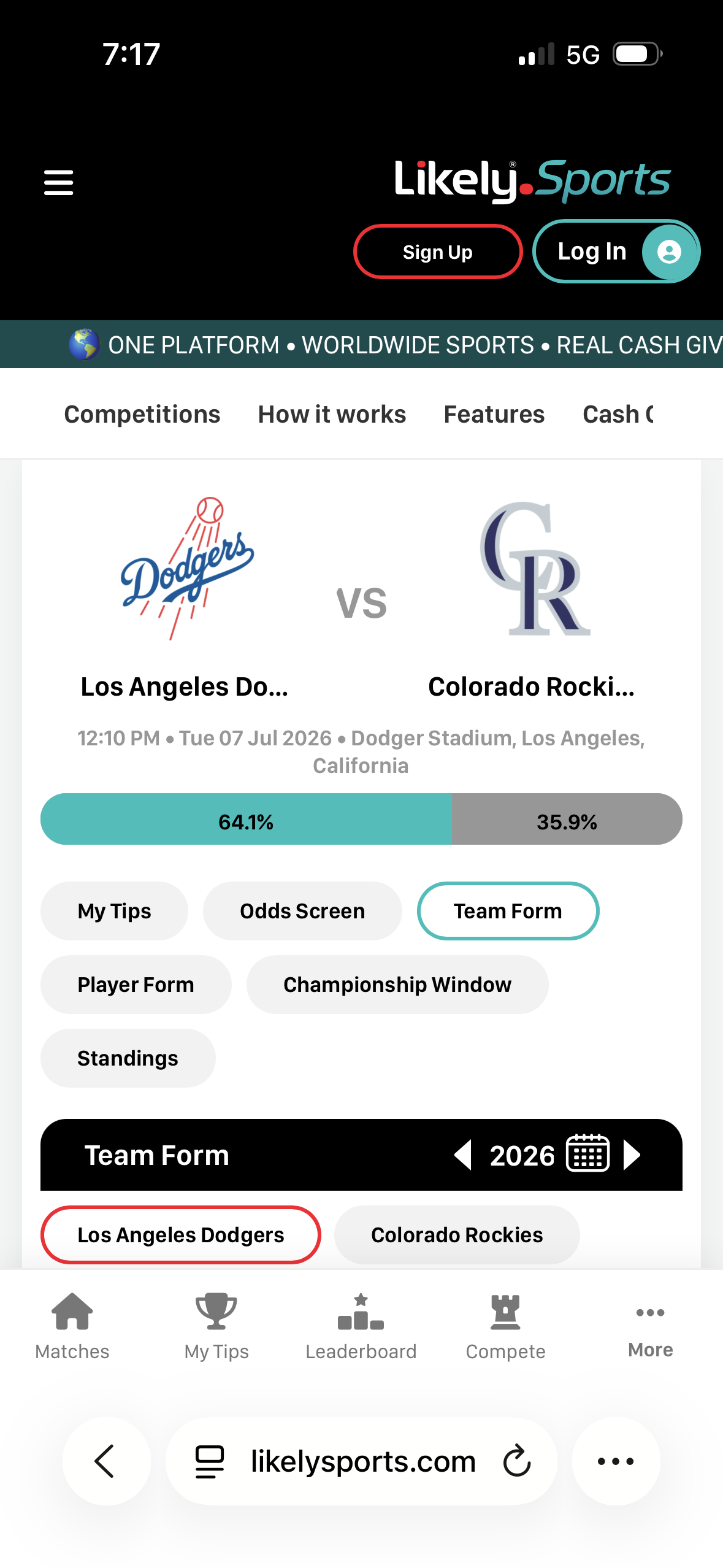 Likely Sports mobile match team form screen